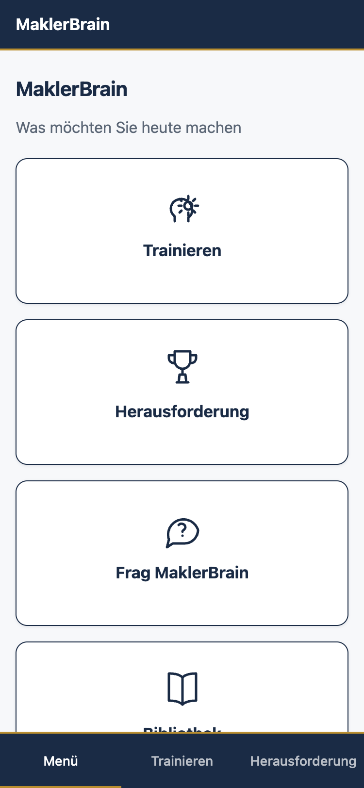 Hauptmenü der MaklerBrain App mit Kachel-Menü