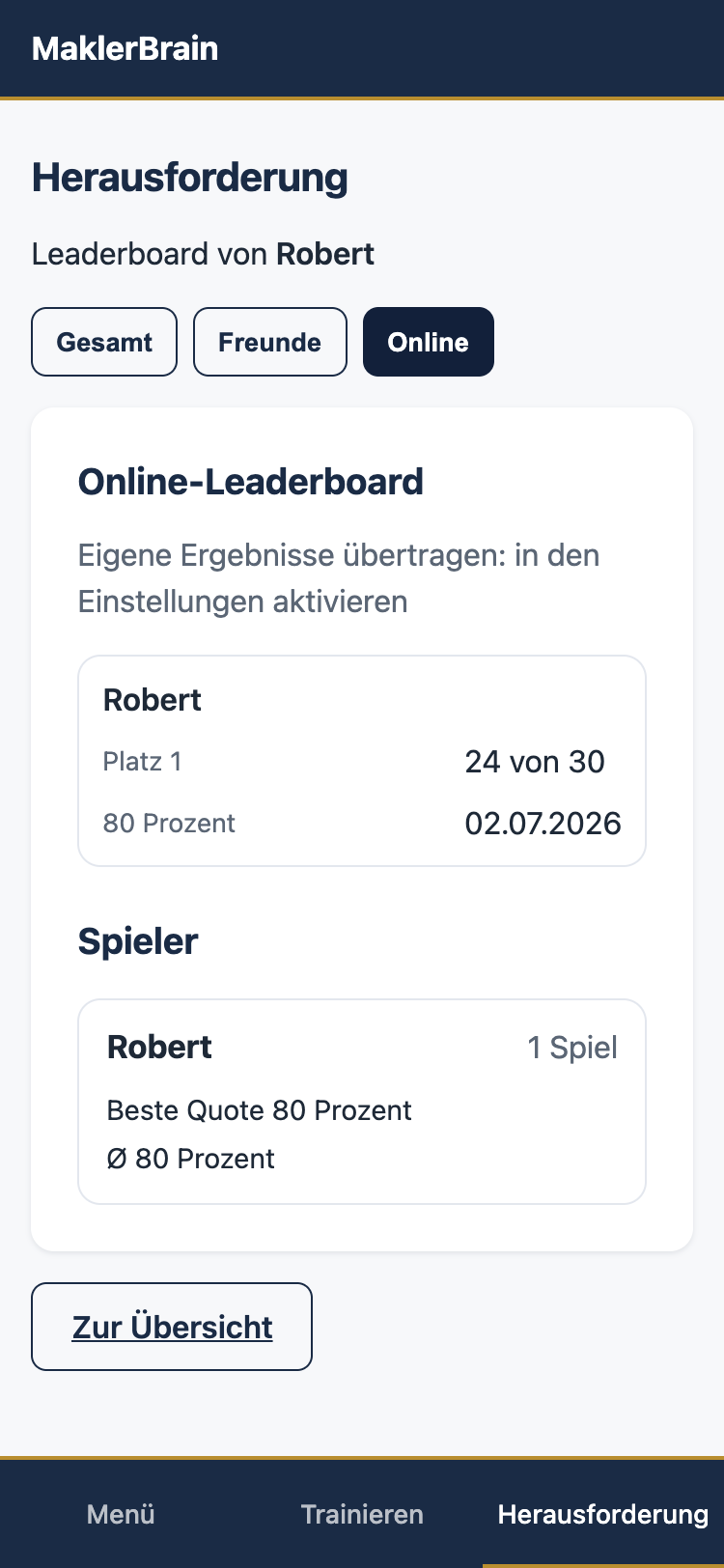 Online-Leaderboard der MaklerBrain App mit Platzierung und Quote