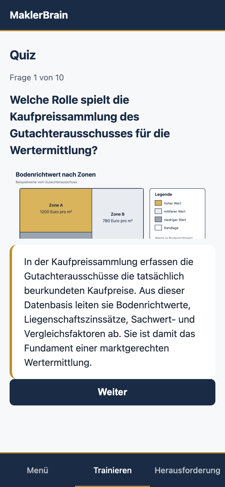 Quizfrage der MaklerBrain App mit Grafik und ausführlicher Erklärung